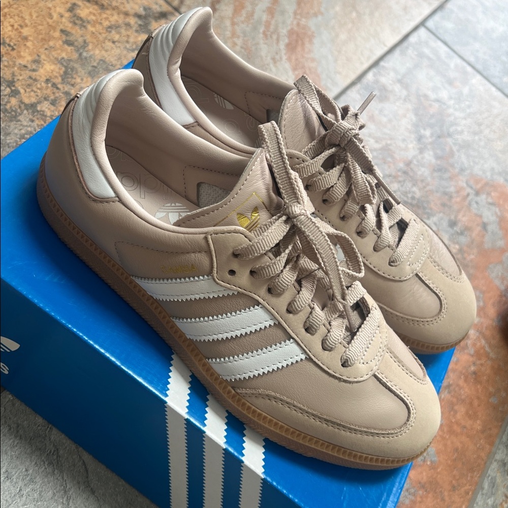 adidas Beige/Tan Samba Style Leather Sneakers - Picture 2 of 6